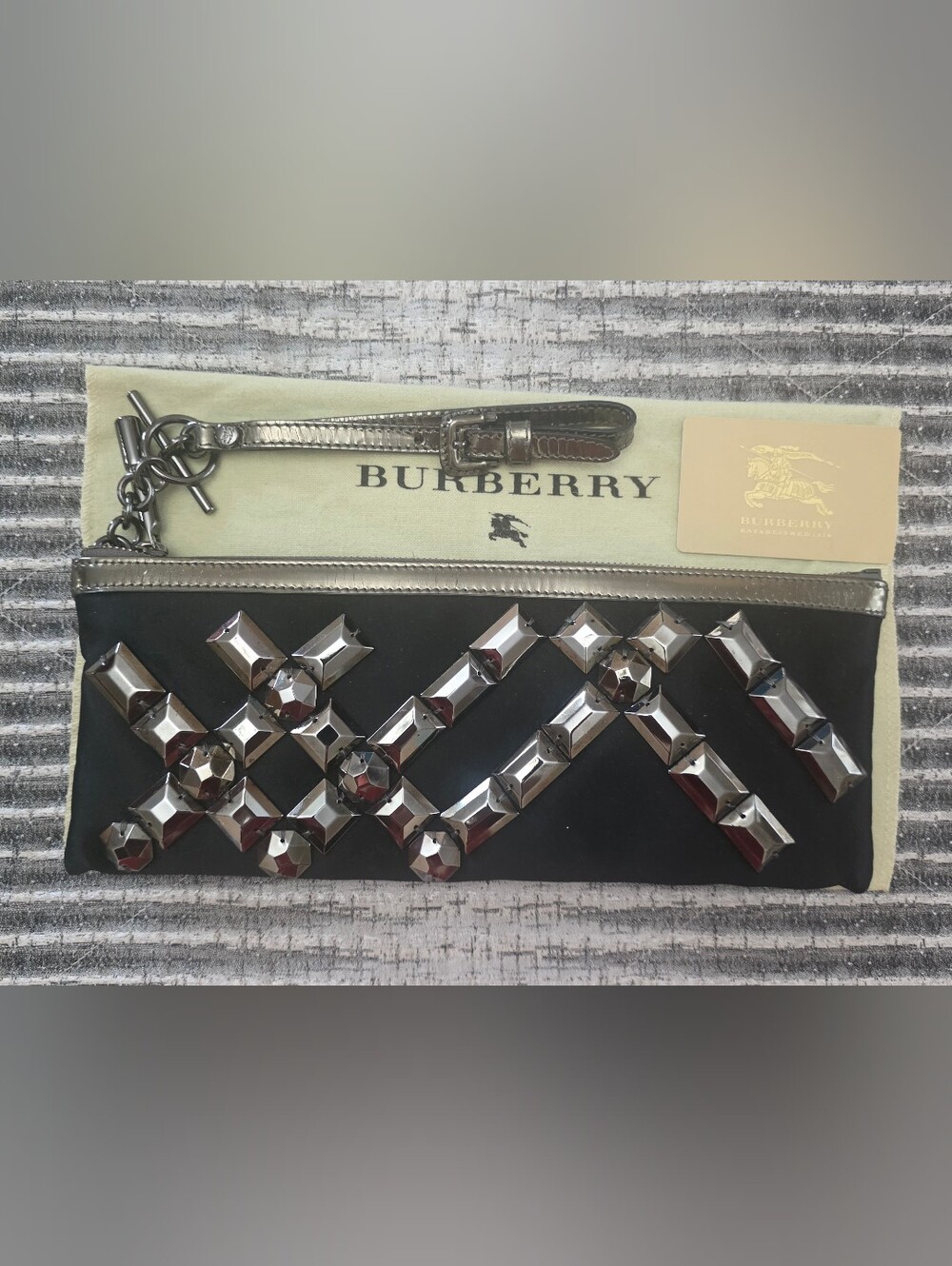 Burberry Black Satin Clutch/ Wristlet with Silver Stud Embellishments